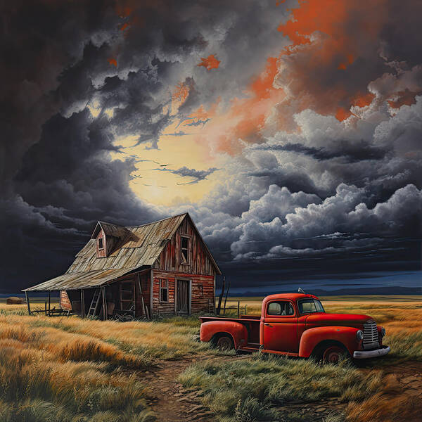 Rustic Art Print featuring the digital art Old Barn and Red Truck Art by Lourry Legarde