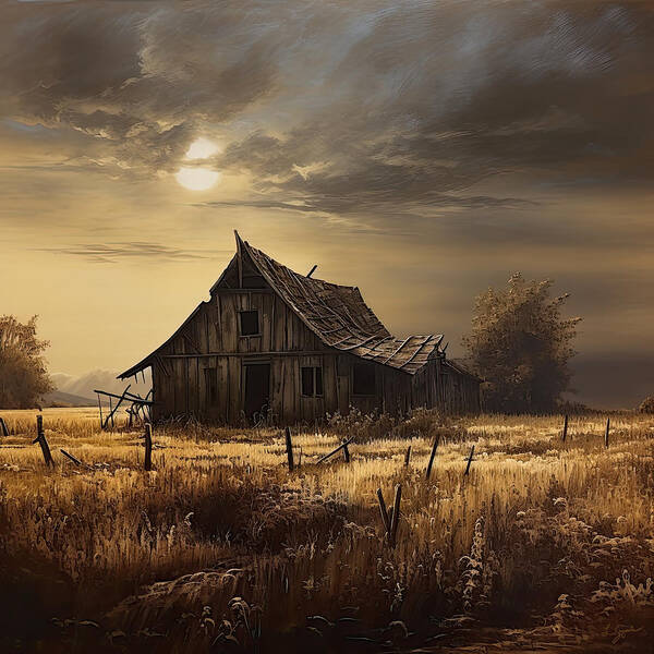 Old Barn Art Print featuring the digital art Old English Barn - Country Scene with an Old Shack, Ominous Clouds, and a Moon by Lourry Legarde
