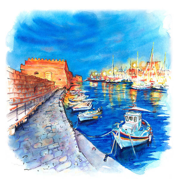 Heraklion Art Print featuring the painting Old Harbour of Heraklion At Night by Miki De Goodaboom