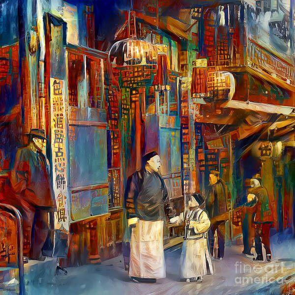 Wingsdomain Art Print featuring the photograph Old San Francisco Chinatown Father and Son Painterly Art 20210722 squareArt 2021072 by Wingsdomain Art and Photography