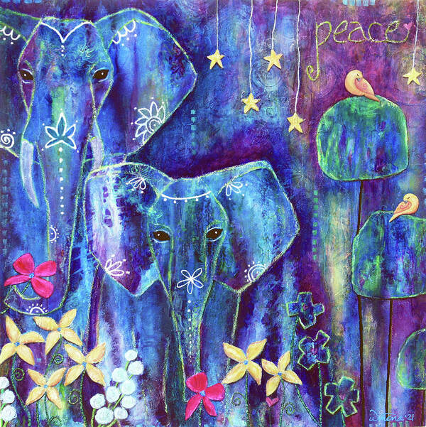 Elephants Art Print featuring the painting Ophelia and Ellie by Winona's Sunshyne