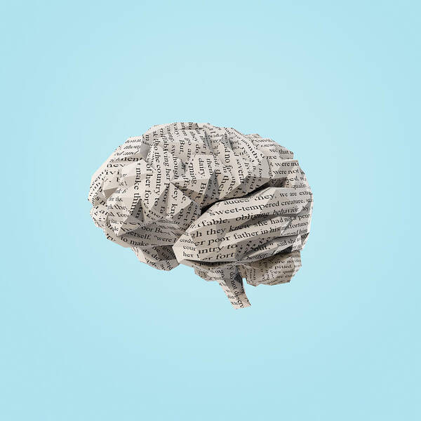 Mental Health Art Print featuring the photograph Origami brain made of paper with text by Miguel Navarro