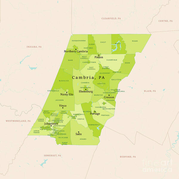County Art Print featuring the digital art PA Cambria County Vector Map Green by Frank Ramspott