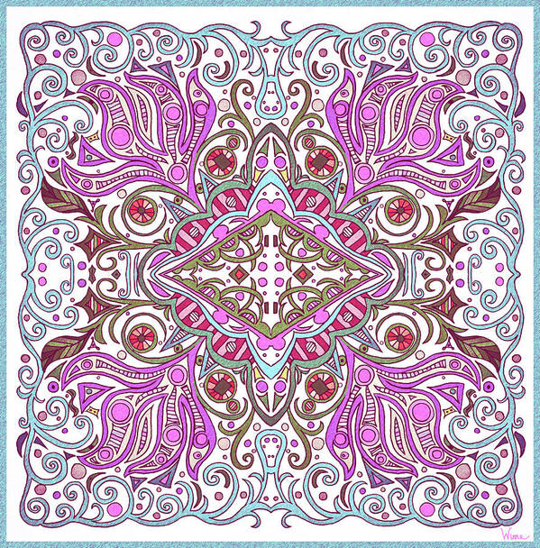 Pink Paisley Flowers Art Print featuring the mixed media Paisley Flowers with Fuchsia, Pinks and Reds Against a Turquoise and White Background by Lise Winne