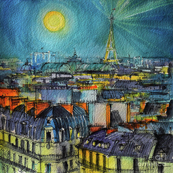 Paris Night Art Print featuring the painting PARIS NIGHT watercolor painting Mona Edulesco by Mona Edulesco