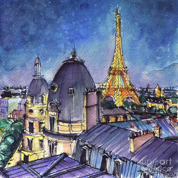 Paris Rooftops Art Print featuring the painting PARIS ROOFTOPS IN THE SOFTLY STARLIT EVENING watercolor painting Mona Edulesco by Mona Edulesco