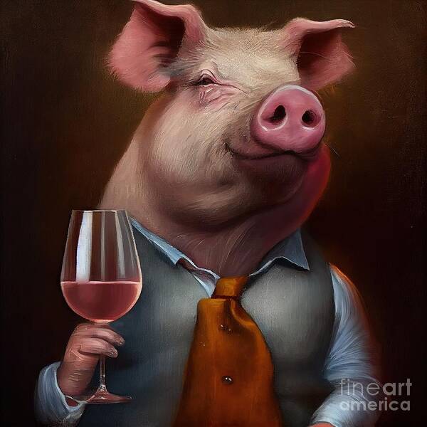 Swine Art Print featuring the painting Pig Having Drink by N Akkash
