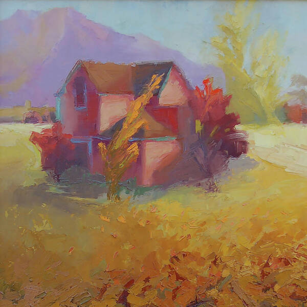 Landscape Art Print featuring the painting Pink House Yellow by Cathy Locke