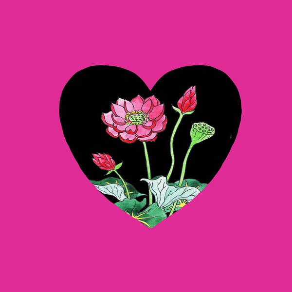 Heart And Flowers Art Print featuring the painting Pink Lotus Flower Heart Watercolor Art by Irina Sztukowski