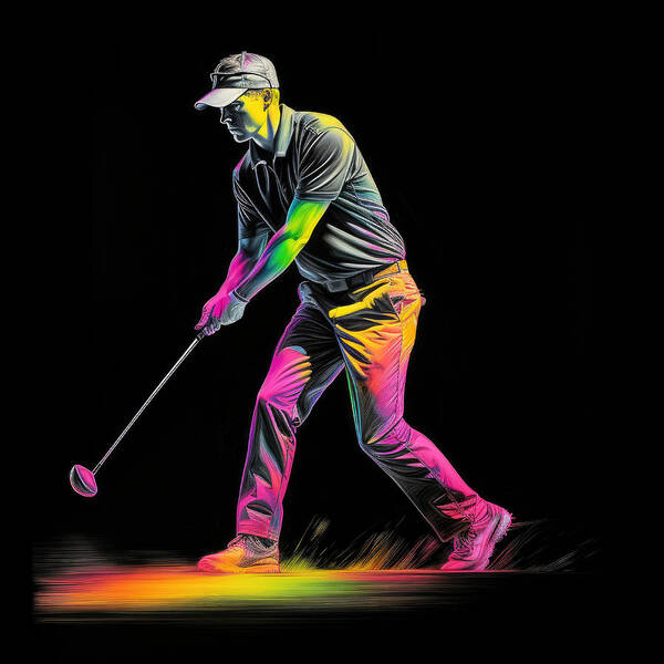 Golf Art Print featuring the digital art Playing Golf in Neon Art No.1 by My Head Cinema