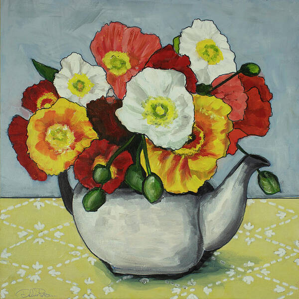 Still Life Art Print featuring the painting Poppies in a Teapot by Debbie Brown