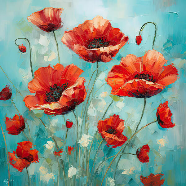 Poppies Art Print featuring the painting Poppies Upheaval - Turquoise and Red Flowers by Lourry Legarde
