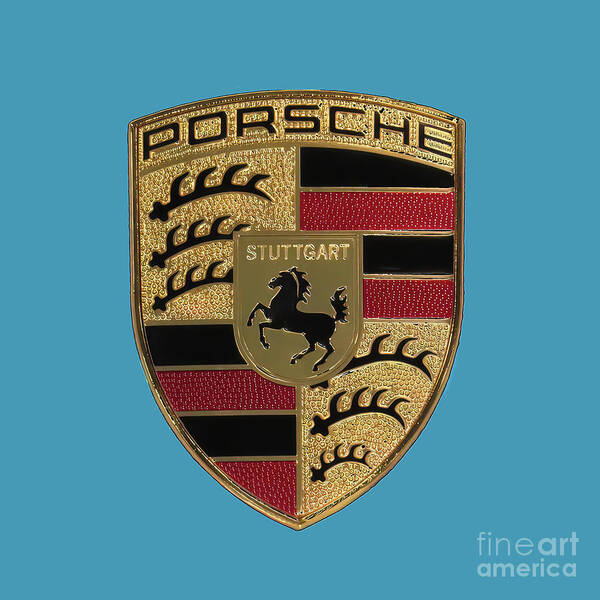 Porsche Art Print featuring the photograph Porsche Emblem-Miami Blue by Scott Cameron