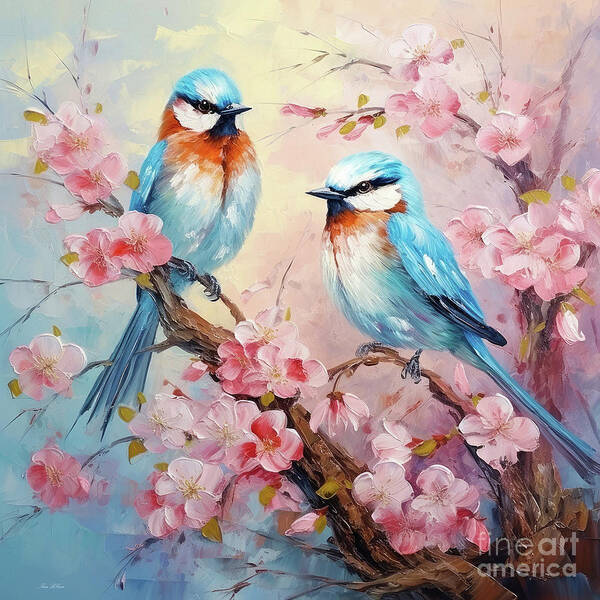 Bluebirds Art Print featuring the painting Pretty Bluebirds by Tina LeCour
