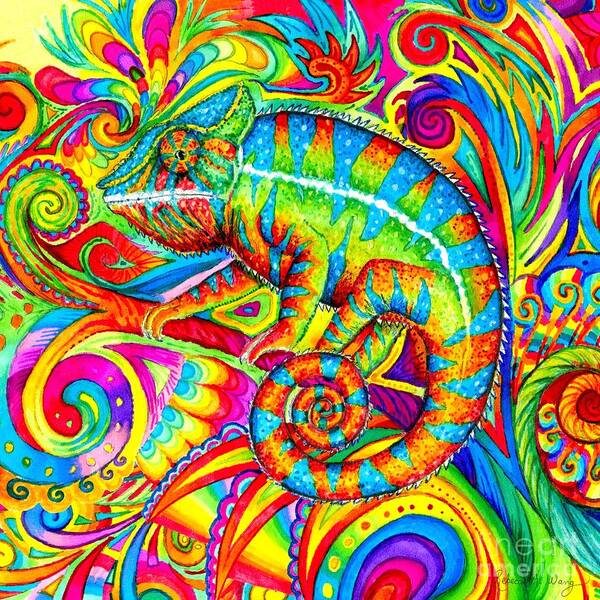 Chameleon Art Print featuring the drawing Psychedelizard - Psychedelic Rainbow Chameleon by Rebecca Wang