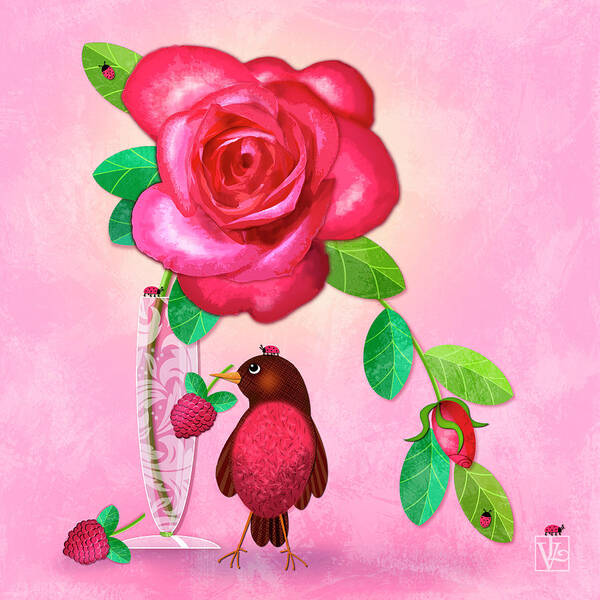 Rose Art Print featuring the digital art R is for Rose and Robin by Valerie Drake Lesiak