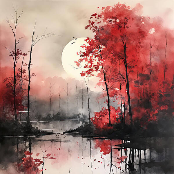 Gray And Red Art Art Print featuring the painting Red Autumn Rhapsody - Dreamy Red and Gray Autumn Impressionist Forest by Lourry Legarde