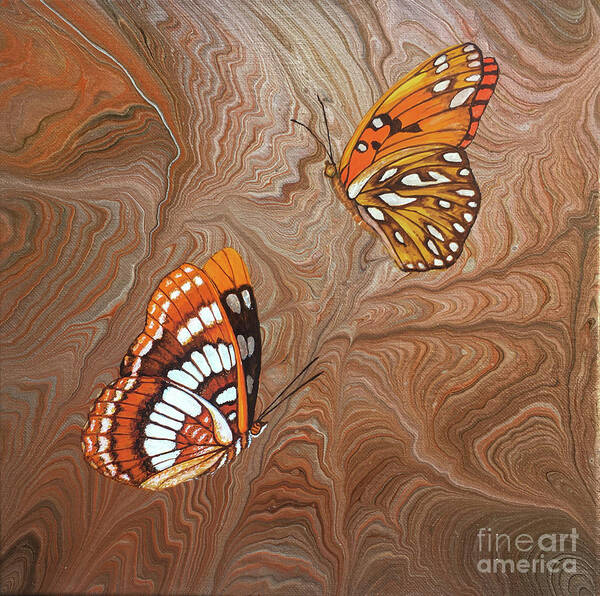 California Butterflies Art Print featuring the painting Red Sandstone and CA Butterflies by Lucy Arnold