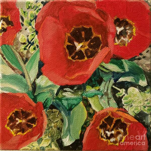 Red Art Print featuring the painting Red Tulips by Merana Cadorette