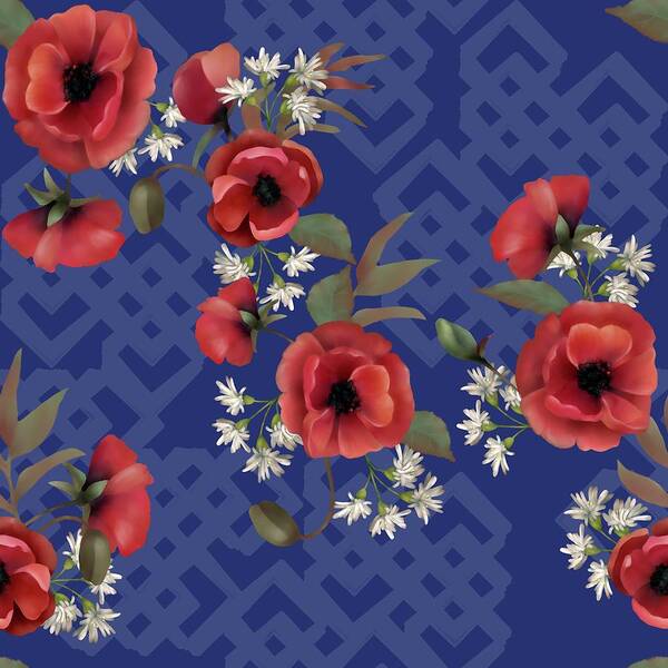 Poppies Art Print featuring the digital art Remembrance Blue Floral by Sand And Chi