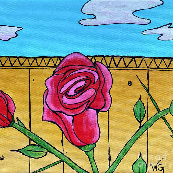 Black Line Art Art Print featuring the painting Rose on the Fence by Wendy Golden