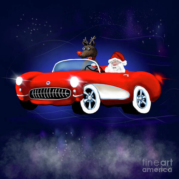 Chevrolet Art Print featuring the digital art Santa and a 1957 Corvette by Doug Gist