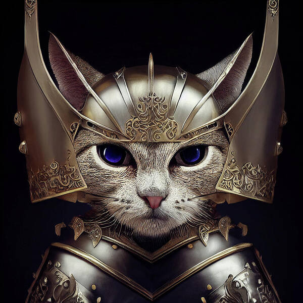 Warriors Art Print featuring the digital art Sapphire the Silver Kitten Warrior by Peggy Collins