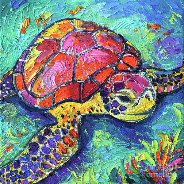 Sea Turtle Art Print featuring the painting SEA TURTLE UNDERWATER III commissioned palette knife oil painting Mona Edulesco by Mona Edulesco