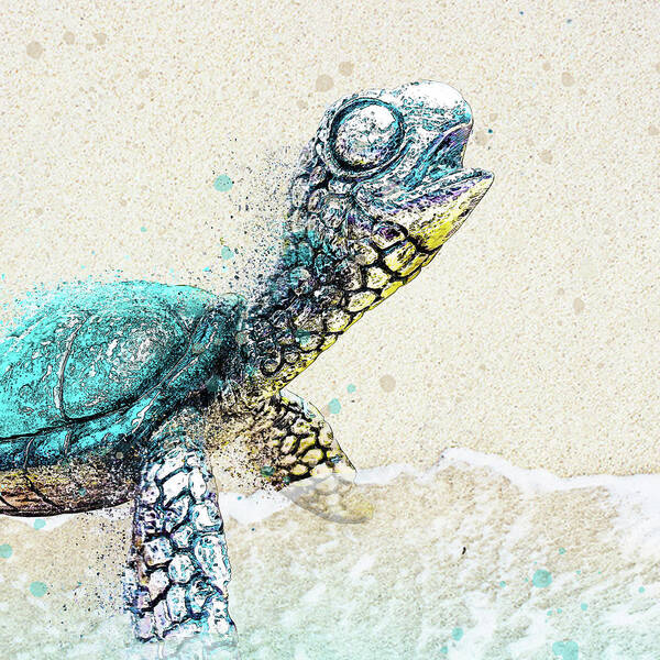 Sea Turtle On Beach Art Print featuring the digital art Sea Turtle on the Shore by Pamela Williams