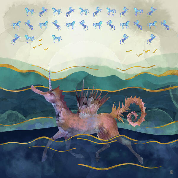 Unicorn Art Print featuring the digital art Seahorse - Unicorn -Hippokampos by Andreea Dumez