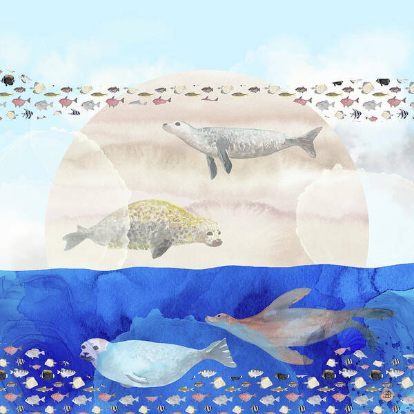 Seals Art Print featuring the digital art Seals, Sand, Ocean, Sun - A Surreal Dream by Andreea Dumez