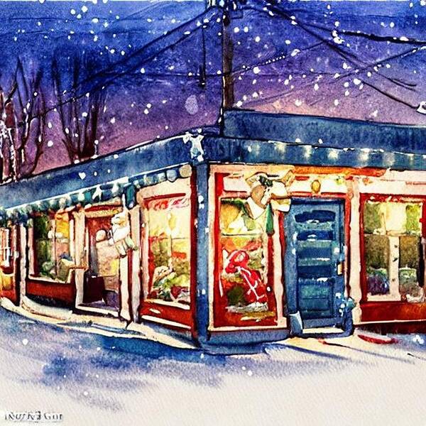 Ridgewood Art Print featuring the painting Shops Lit Up for Christmas in Ridgewood, New Jersey by Christopher Lotito