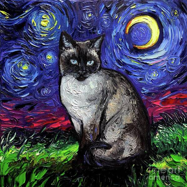 Siamese Cat Art Print featuring the painting Siamese Night by Aja Trier