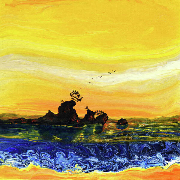 Pacific Northwest Art Print featuring the painting Siletz Bay Sunset in Golden Yellow and Blue by Laura Iverson