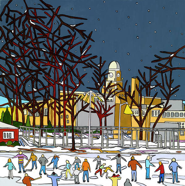 Valley Stream Winter Snow Skating New York Hometown Central High School Iceskating Ice Art Print featuring the painting Skating inHendrickson Park by Mike Stanko