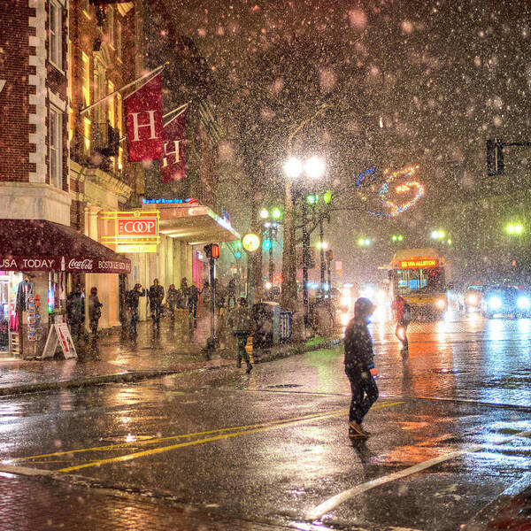 Harvard Art Print featuring the photograph Snowfall in Harvard Square Cambridge MA COOP Square by Toby McGuire
