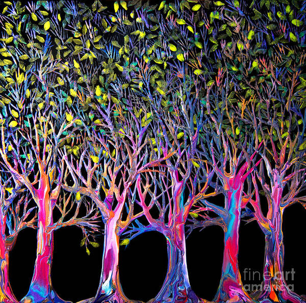 Trees Colorful Trees Eucalyptus Trees Forest Stylized Trees Illustrative Trees Leafy Trees Fantasy Trees Spring Forest Art Print featuring the painting Spring Forest #7780 by Priscilla Batzell Expressionist Art Studio Gallery