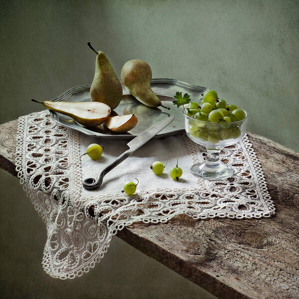 Wood Art Print featuring the photograph Still life with pears and gooseberries by Photography by Polina Plotnikova