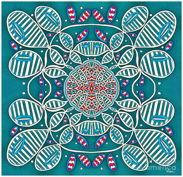 Abstract Design Art Print featuring the mixed media Striped Abstract Flower with Connecters in Turquoise, Red and White by Lise Winne