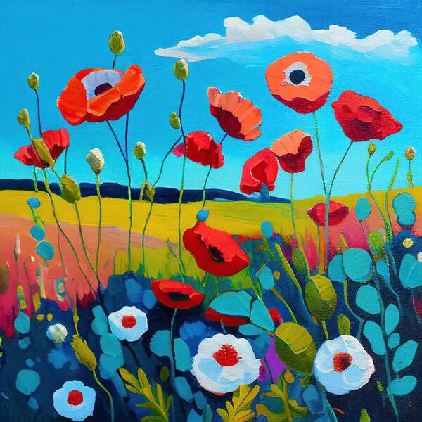 Growing Art Print featuring the painting Summer Poppies by My Head Cinema