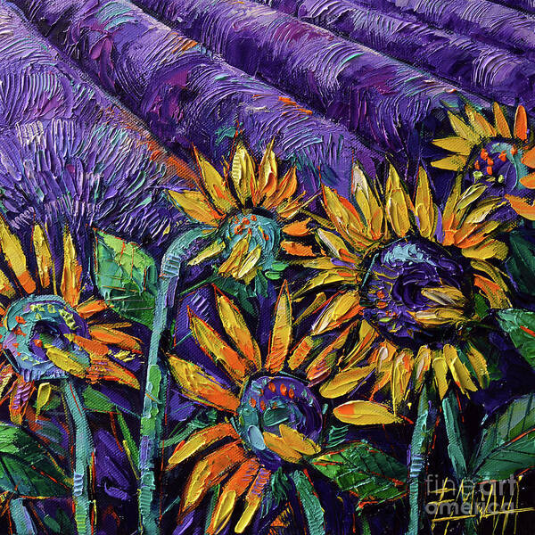 Provence Art Print featuring the painting SUNFLOWERS AND LAVENDER palette knife oil painting Mona Edulesco by Mona Edulesco