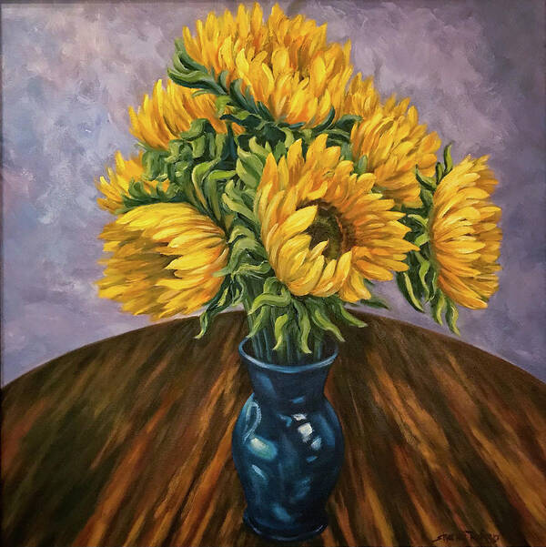 Sunflowers Art Print featuring the painting Sunflowers in Blue Base by Sherrell Rodgers
