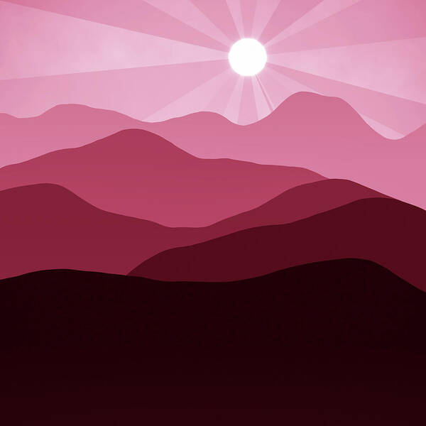 Minimalist Art Print featuring the digital art Sunset and Red Mountain Landscape Abstract Minimalism by Matthias Hauser
