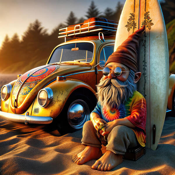 Gnome Art Print featuring the digital art Sunset Swells and the Wisdom on Wheels by Bill And Linda Tiepelman