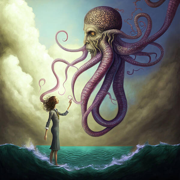 Octopus Art Print featuring the digital art Surreal Art 12 Octopus Human Contact by Matthias Hauser