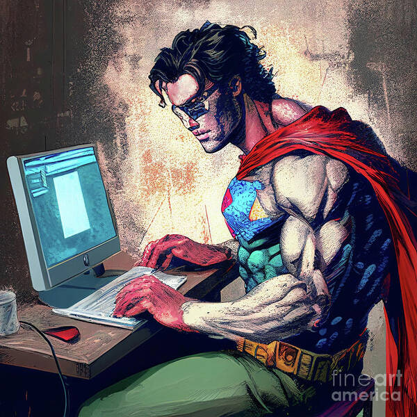 Superhero Art Print featuring the painting Tech Hero by Mindy Sommers