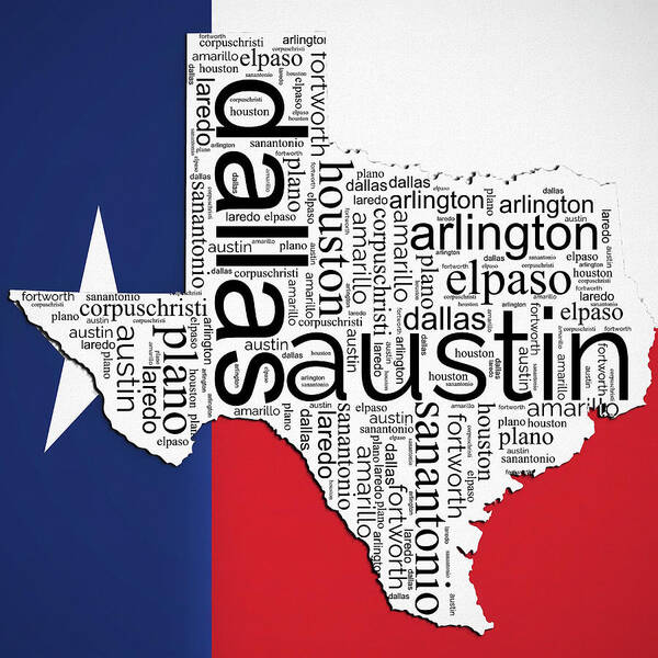 Texas Typography Map Red And Blue Art Print featuring the mixed media Texas Typography Map On Texas Flag by Dan Sproul