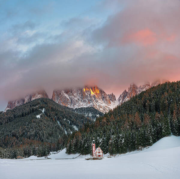 Val Di Funes Art Print featuring the photograph The fire above by Yuri Santin