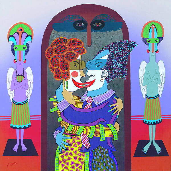 Visionary Visionaryart Art Painting 16x16 Kiss Theugly Thegood Thekiss Hug Couple Relationship Art Print featuring the painting The Good, The Bad, The Kiss by Hone Williams