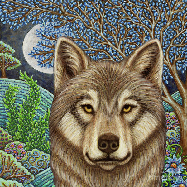 Wolf Art Print featuring the painting The Kazakh Wolf Moon by Amy E Fraser